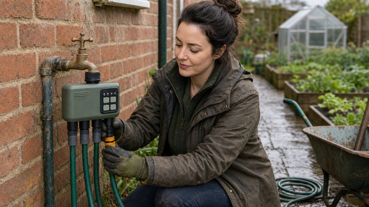 A British back garden watered by an RF-linked smart tap timer
