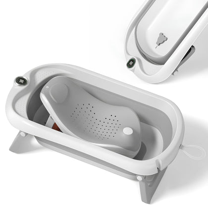 Grey Foldable Baby Bath Tub with Thermometer and Bath Support
