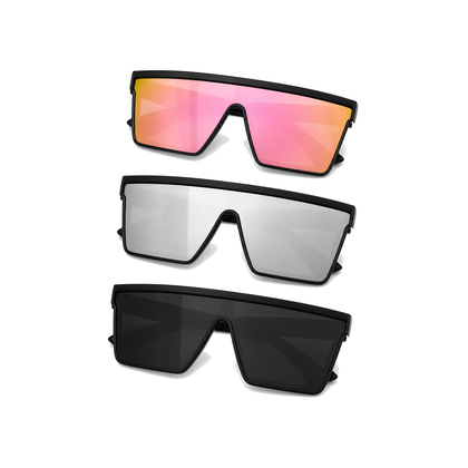 Three oversized shield sunglasses in sunset silver and black