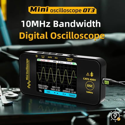 OT3 Handheld Digital Oscilloscope, 10MHz 48MSa/s Portable Mini Oscilloscope with 3.2” TFT Colour Screen, 400V Voltage Measurement, Type-C Rechargeable, EVA Carry Case for Automotive & Electronics Testing